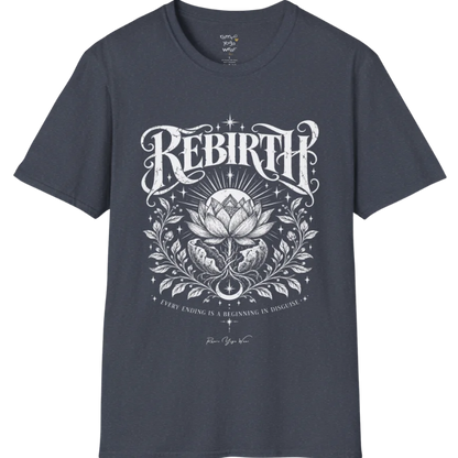 Lotus emerging from a cracked seed pod with sunrise breaking behind it, fine botanical detailing at the base. Rebirth T-Shirt flat lay is a Gildan 64000 and the color is Heather Navy.