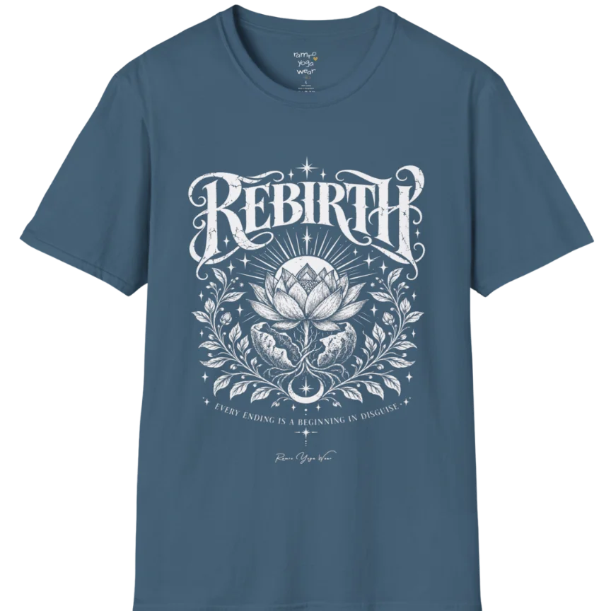 Lotus emerging from a cracked seed pod with sunrise breaking behind it, fine botanical detailing at the base. Rebirth T-Shirt flat lay is a Gildan 64000 and the color is Indigo Blue.