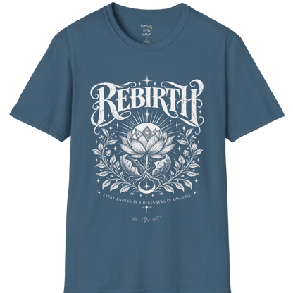 Lotus emerging from a cracked seed pod with sunrise breaking behind it, fine botanical detailing at the base. Rebirth T-Shirt flat lay is a Gildan 64000 and the color is Indigo Blue.