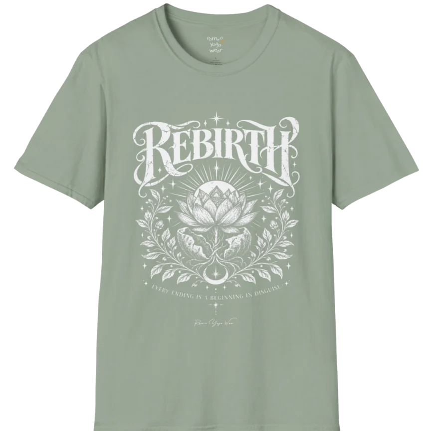Lotus emerging from a cracked seed pod with sunrise breaking behind it, fine botanical detailing at the base. Rebirth T-Shirt flat lay is a Gildan 64000 and the color is Sage.