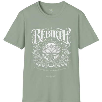 Lotus emerging from a cracked seed pod with sunrise breaking behind it, fine botanical detailing at the base. Rebirth T-Shirt flat lay is a Gildan 64000 and the color is Sage.