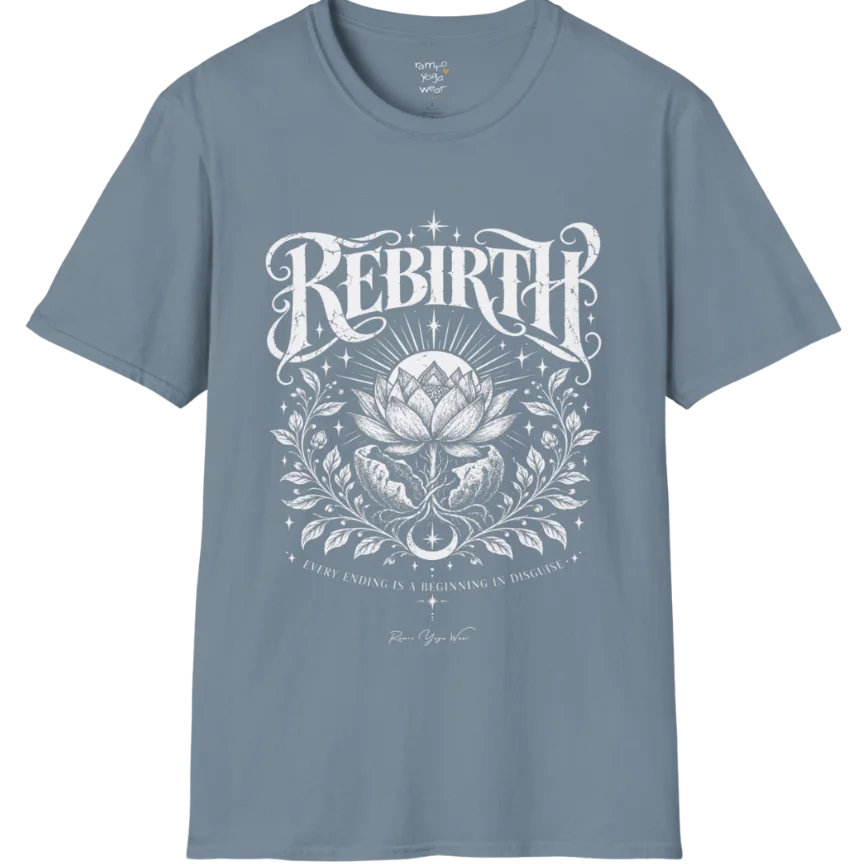 Lotus emerging from a cracked seed pod with sunrise breaking behind it, fine botanical detailing at the base. Rebirth T-Shirt flat lay is a Gildan 64000 and the color is Stone Blue.