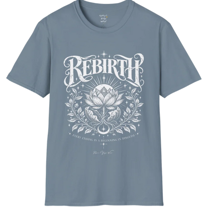 Lotus emerging from a cracked seed pod with sunrise breaking behind it, fine botanical detailing at the base. Rebirth T-Shirt flat lay is a Gildan 64000 and the color is Stone Blue.