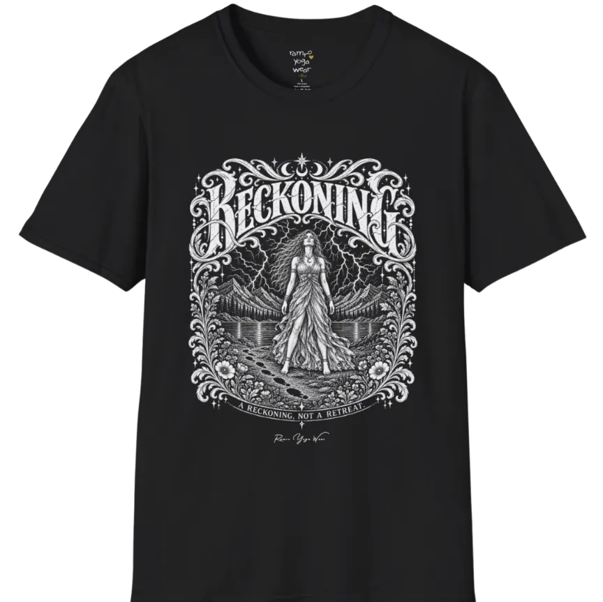 A short sleeved tee called the Reckoning T-Shirt, flat lay and a soft cotton shirt. Simply says, A reckoning, not a retreat. Design highlights ornate white RECKONING lettering framed by flourishes and wild florals, with a long-haired figure in a flowing gown walking a footprint path toward a lightning storm over mountains and a lake. Color is Black.