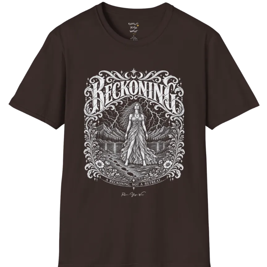 A short sleeved tee called the Reckoning T-Shirt, flat lay and a soft cotton shirt. Simply says, A reckoning, not a retreat. Design highlights ornate white RECKONING lettering framed by flourishes and wild florals, with a long-haired figure in a flowing gown walking a footprint path toward a lightning storm over mountains and a lake. Color is Dark Chocolate.
