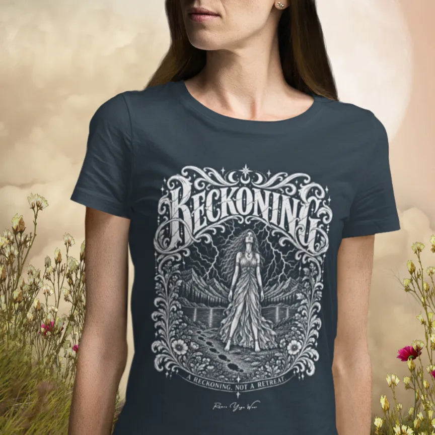 Person standing in a heather navy Reckoning T-Shirt with ornate white lettering and a figure beneath a lightning storm, in a field of wildflowers with a soft pale sky.