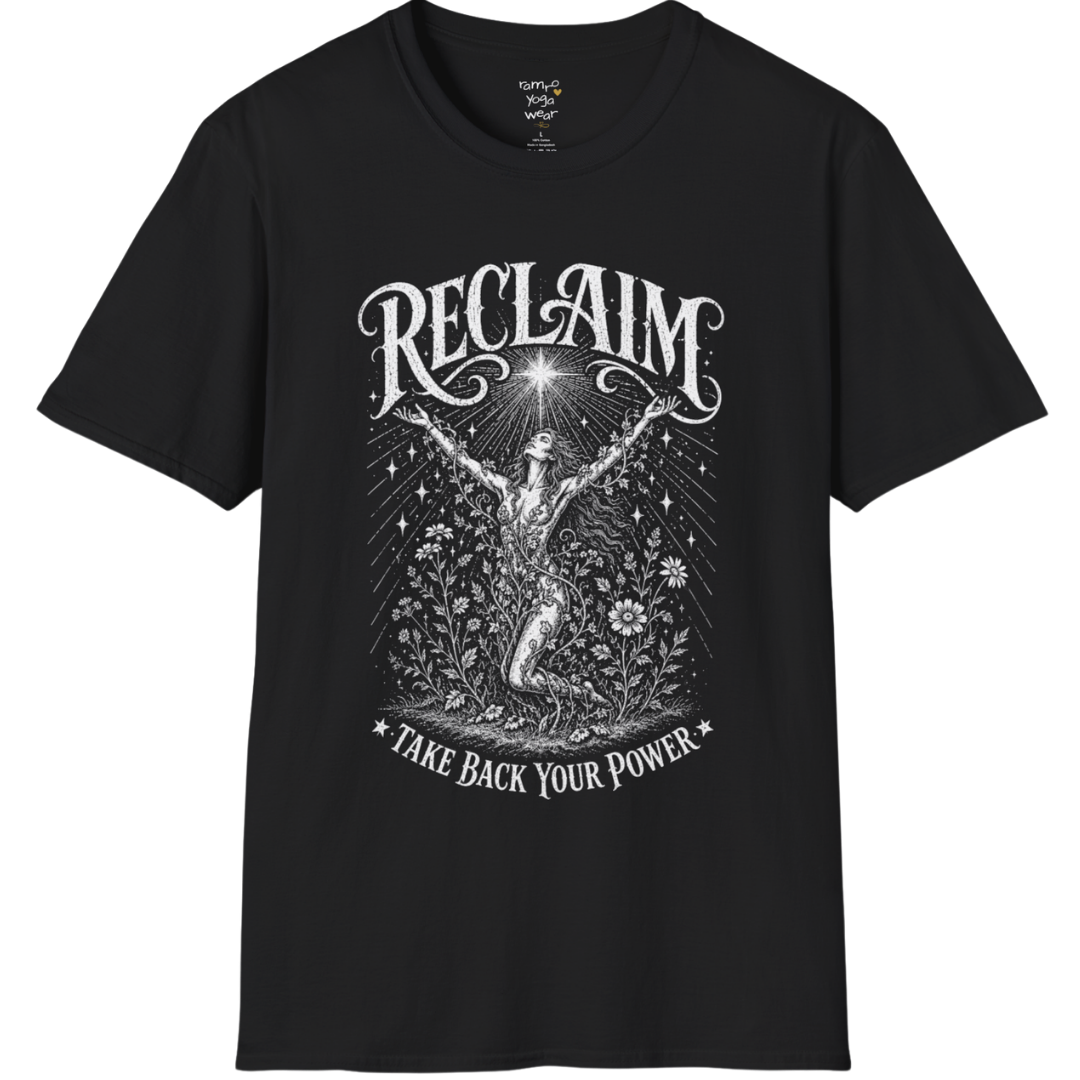 Black Reclaim T-Shirt featuring vintage mystical etched artwork with celestial detailing and spiritual-inspired typography.