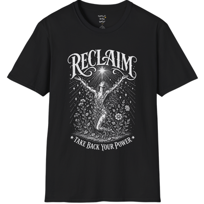 Black Reclaim T-Shirt featuring vintage mystical etched artwork with celestial detailing and spiritual-inspired typography.