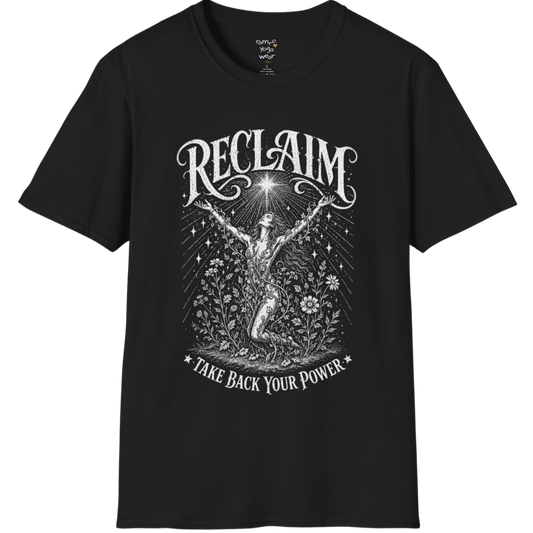 Black Reclaim T-Shirt featuring vintage mystical etched artwork with celestial detailing and spiritual-inspired typography.