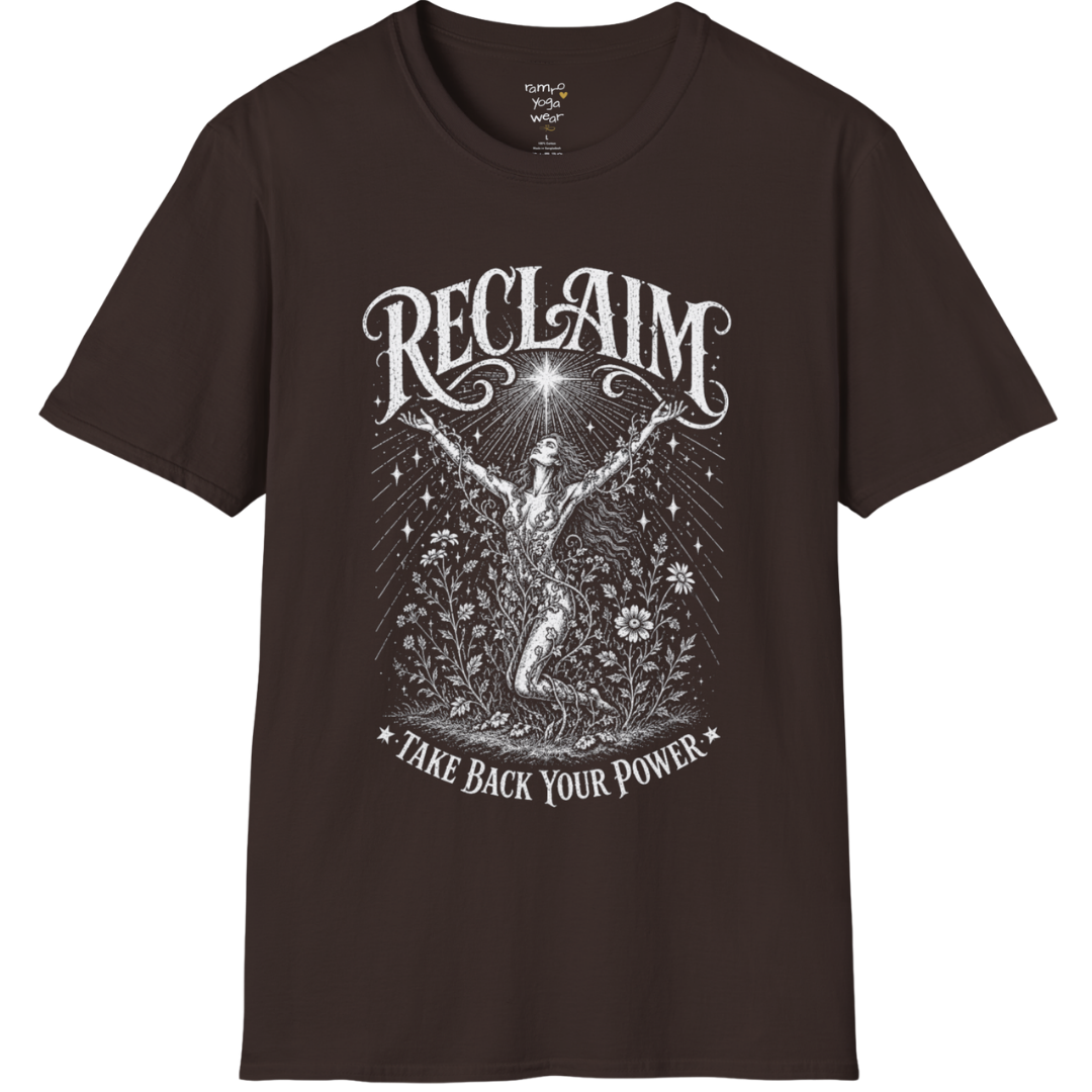 Dark Chocolate Reclaim T-Shirt with soft vintage celestial artwork and engraved mystical illustration styling.
