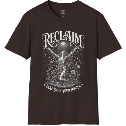 Dark Chocolate Reclaim T-Shirt with soft vintage celestial artwork and engraved mystical illustration styling.
