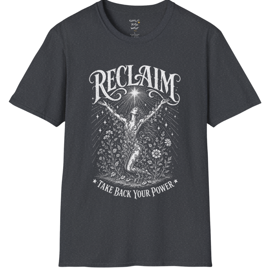 Dark Heather Grey Reclaim T-Shirt with faded spiritual artwork and premium vintage-inspired etched detailing.