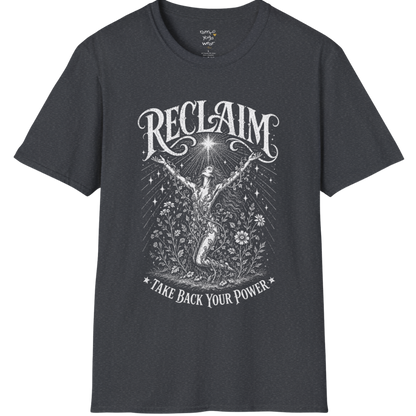 Dark Heather Grey Reclaim T-Shirt with faded spiritual artwork and premium vintage-inspired etched detailing.