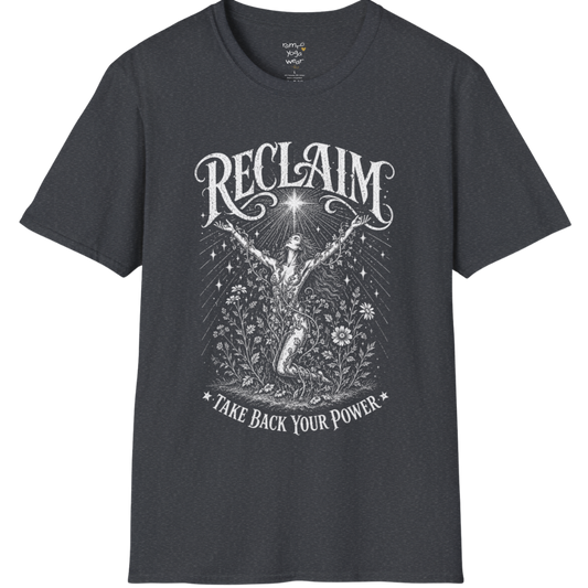 Dark Heather Grey Reclaim T-Shirt with faded spiritual artwork and premium vintage-inspired etched detailing.
