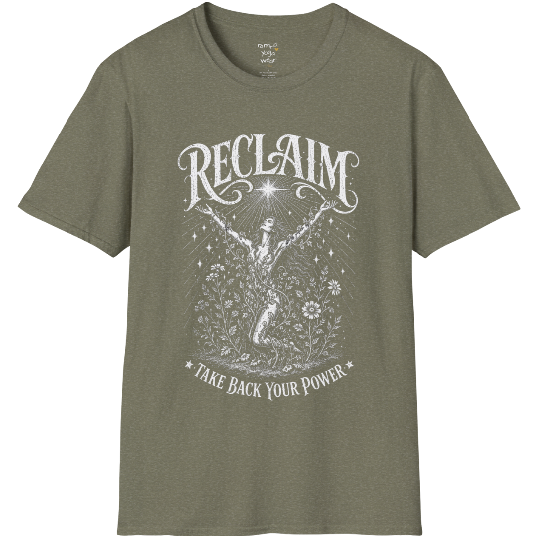 Heather Military Green Reclaim T-Shirt with earthy mystical artwork and celestial-inspired vintage graphics.