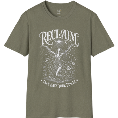 Heather Military Green Reclaim T-Shirt with earthy mystical artwork and celestial-inspired vintage graphics.
