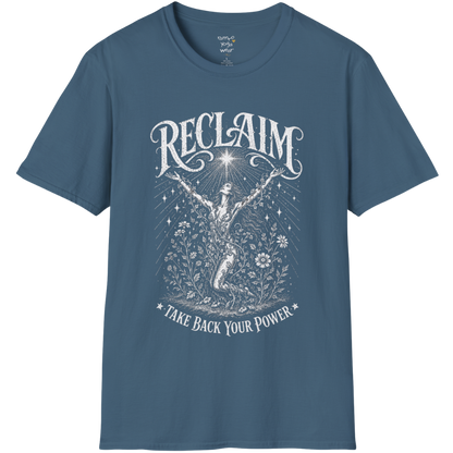Indigo Blue Reclaim T-Shirt with celestial-inspired etched illustration and relaxed soulful styling.