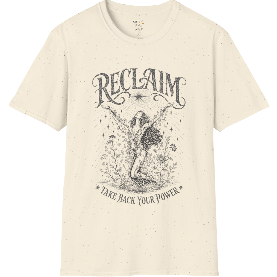 Natural Reclaim T-Shirt with dark grey etched mystical artwork inspired by spiritual symbolism and mindful living.