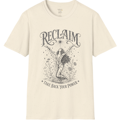 Natural Reclaim T-Shirt with dark grey etched mystical artwork inspired by spiritual symbolism and mindful living.