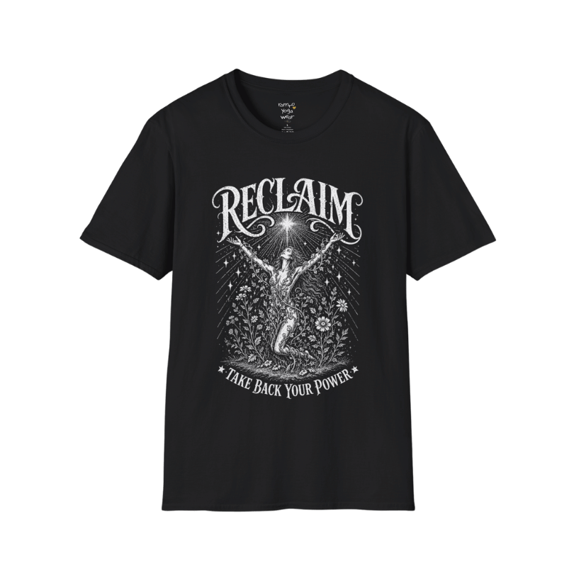 Black Reclaim T-Shirt featuring vintage mystical etched artwork with celestial detailing and spiritual-inspired typography.