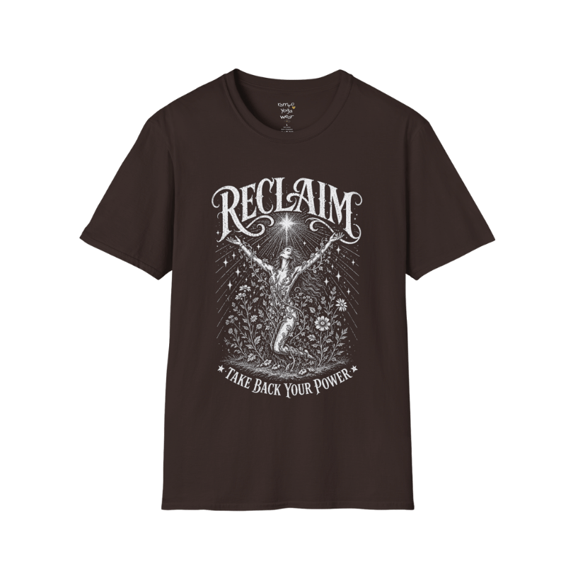 Dark Chocolate Reclaim T-Shirt with soft vintage celestial artwork and engraved mystical illustration styling.