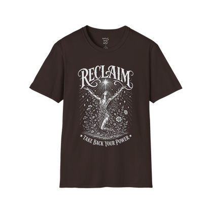 Dark Chocolate Reclaim T-Shirt with soft vintage celestial artwork and engraved mystical illustration styling.