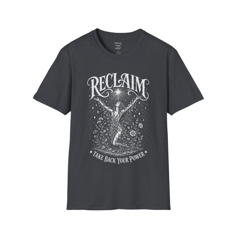 Dark Heather Grey Reclaim T-Shirt with faded spiritual artwork and premium vintage-inspired etched detailing.