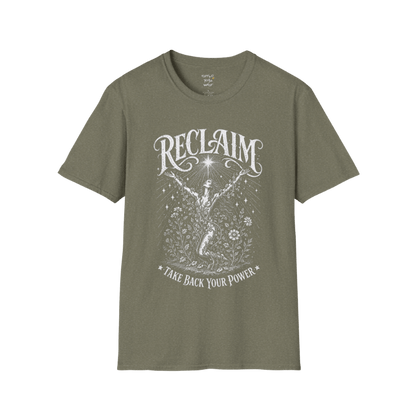 Heather Military Green Reclaim T-Shirt with earthy mystical artwork and celestial-inspired vintage graphics.