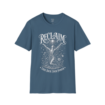 Indigo Blue Reclaim T-Shirt with celestial-inspired etched illustration and relaxed soulful styling.