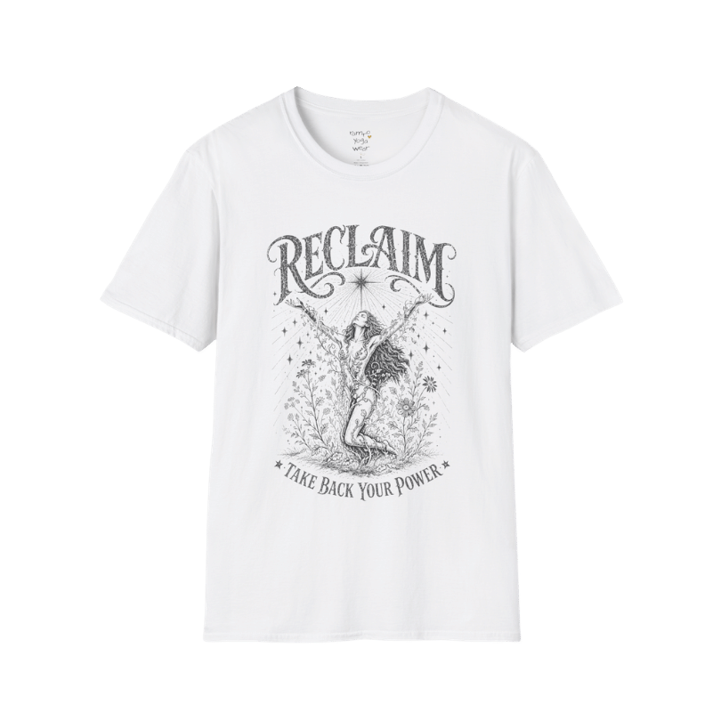 White Reclaim T-Shirt with dark grey engraved mystical artwork and elevated spiritual streetwear aesthetic.