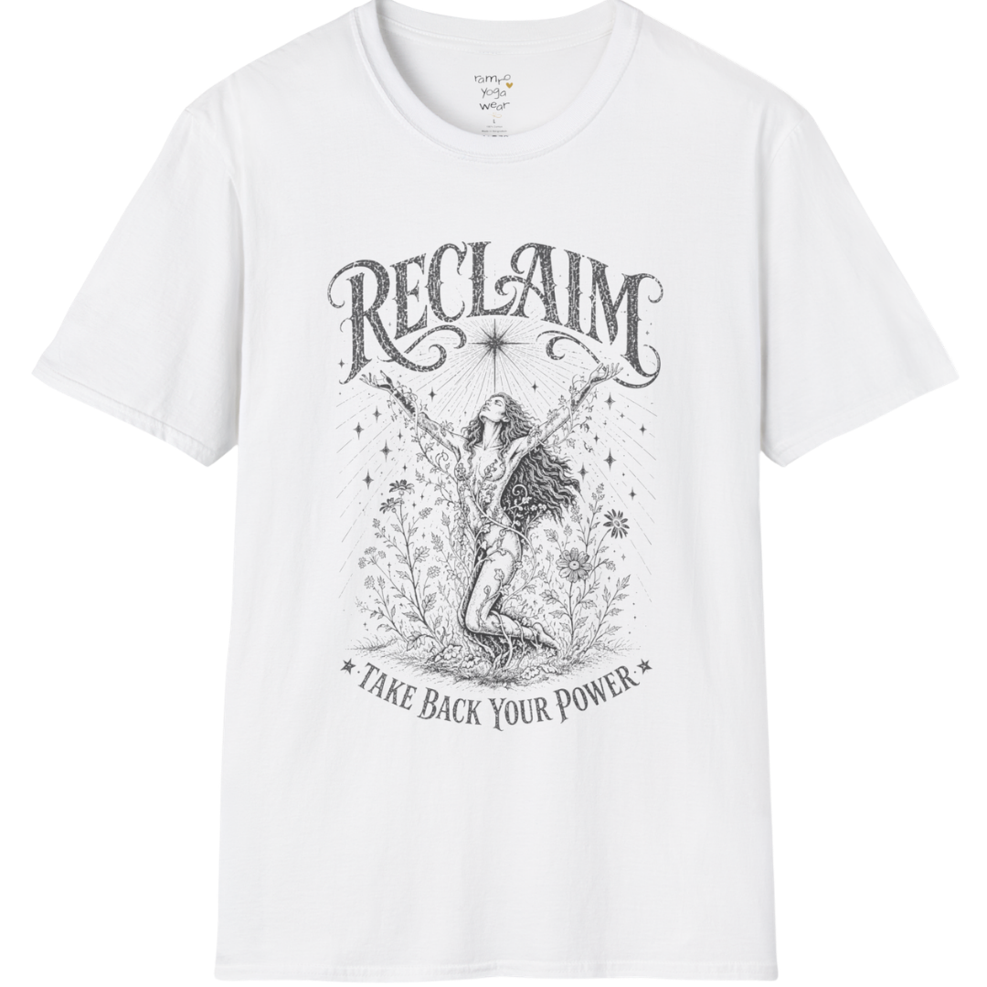 White Reclaim T-Shirt with dark grey engraved mystical artwork and elevated spiritual streetwear aesthetic.