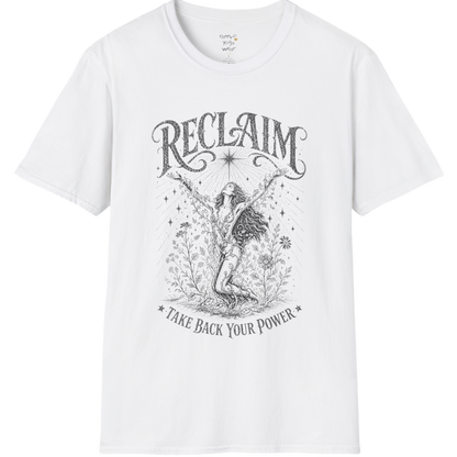 White Reclaim T-Shirt with dark grey engraved mystical artwork and elevated spiritual streetwear aesthetic.