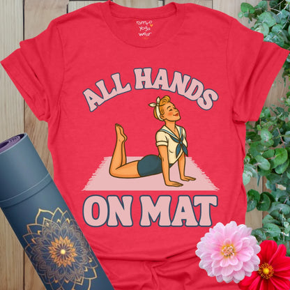Bright red retro yoga t-shirt featuring fun pinup illustration in Cobra Pose, perfect for vintage lovers with a sense of humor.