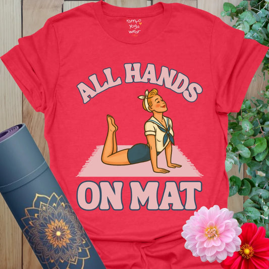 Bright red retro yoga t-shirt featuring fun pinup illustration in Cobra Pose, perfect for vintage lovers with a sense of humor.