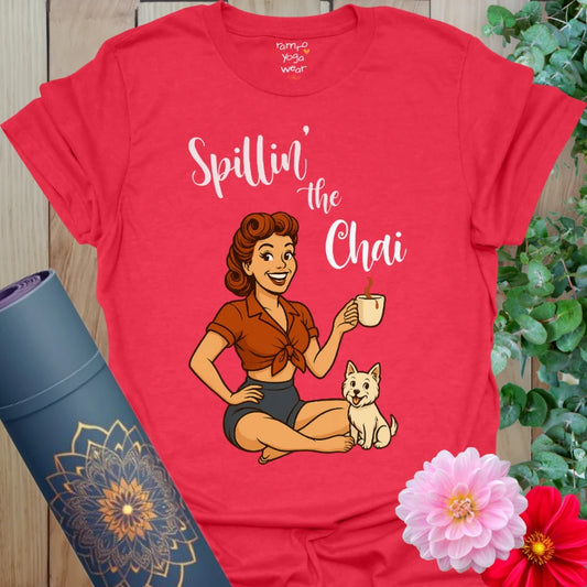 Bold red retro yoga t-shirt featuring a chai-loving pinup yogi and her pup, ideal for playful, empowered movement.