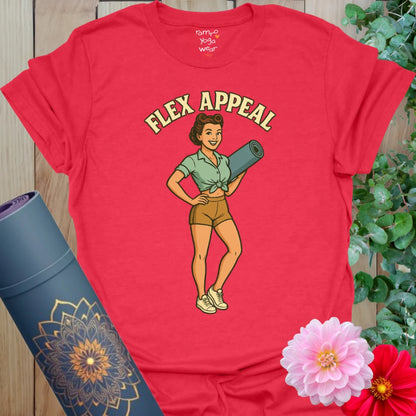 Bold red t-shirt with retro yogi design and empowering yoga humor statement.