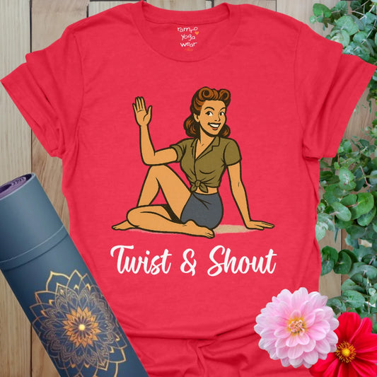 Bold red yoga t-shirt with fun pinup yogi twist design and vintage-inspired script.