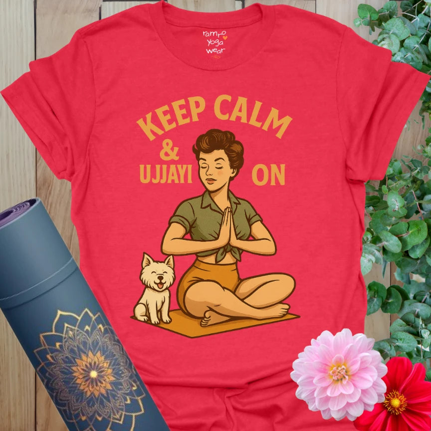  Bold red yoga t-shirt featuring pinup-style yogi and dog in namaste pose, perfect for spirited calm.