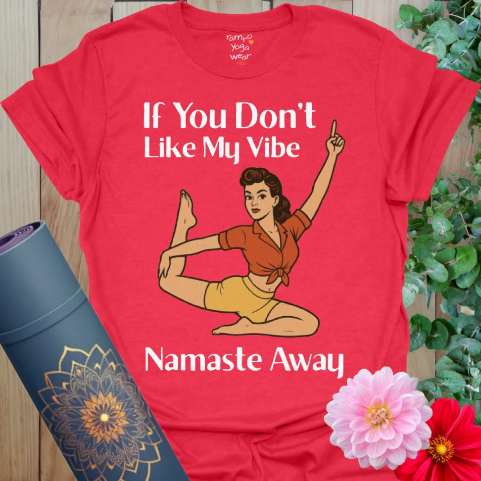  Striking red yoga tee with vintage pinup yogi in power pose and playful boundary-setting slogan.