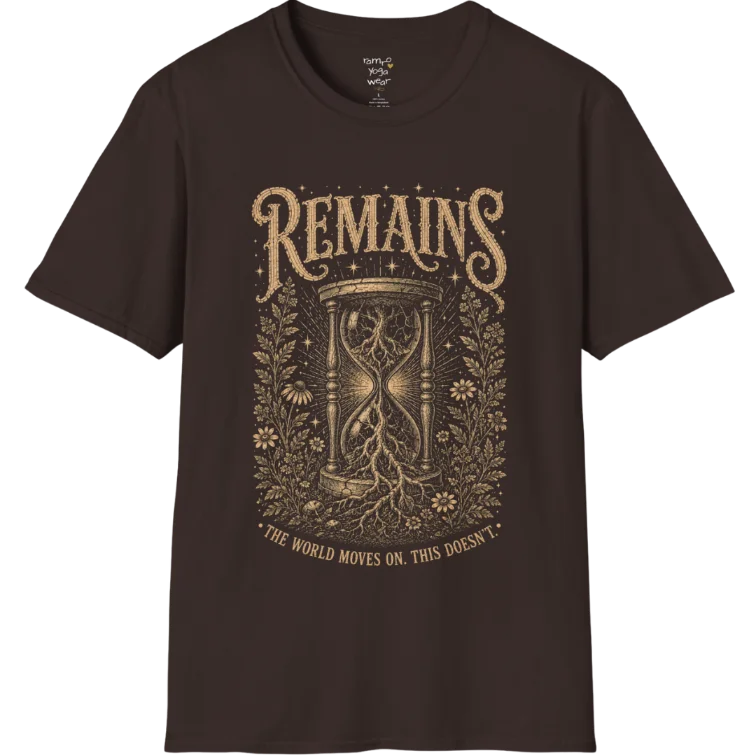 A short sleeved tee, design an hourglass with tree roots growing through it — Sacred Thread collection by Ramro Yoga Wear in Dark Chocolate