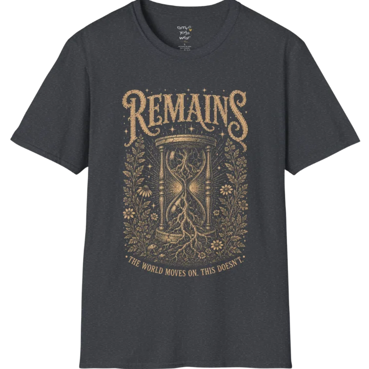 A short sleeved tee, design an hourglass with tree roots growing through it — Sacred Thread collection by Ramro Yoga Wear in Dark Heather Grey