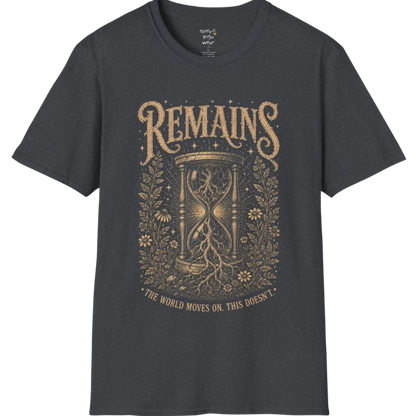A short sleeved tee, design an hourglass with tree roots growing through it — Sacred Thread collection by Ramro Yoga Wear in Dark Heather Grey