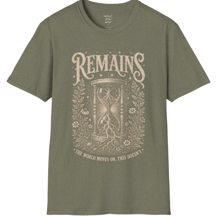 A short sleeved tee, design an hourglass with tree roots growing through it — Sacred Thread collection by Ramro Yoga Wear in Heather Military Green