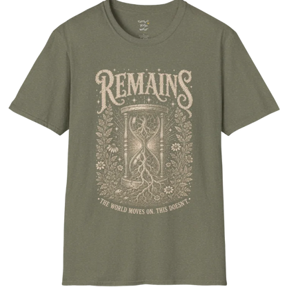 A short sleeved tee, design an hourglass with tree roots growing through it — Sacred Thread collection by Ramro Yoga Wear in Heather Military Green