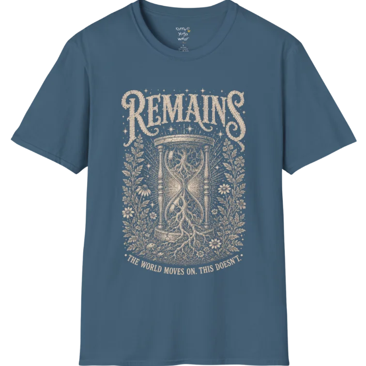 A short sleeved tee, design an hourglass with tree roots growing through it — Sacred Thread collection by Ramro Yoga Wear in Indigo Blue