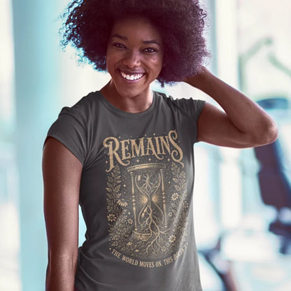 Person wearing Remains dark heather grey sacred yoga shirt carrying a yoga mat outdoors — Sacred Thread collection by Ramro Yoga Wear