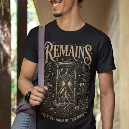Person wearing Remains black sacred yoga shirt outdoors smiling — Sacred Thread collection by Ramro Yoga Wear