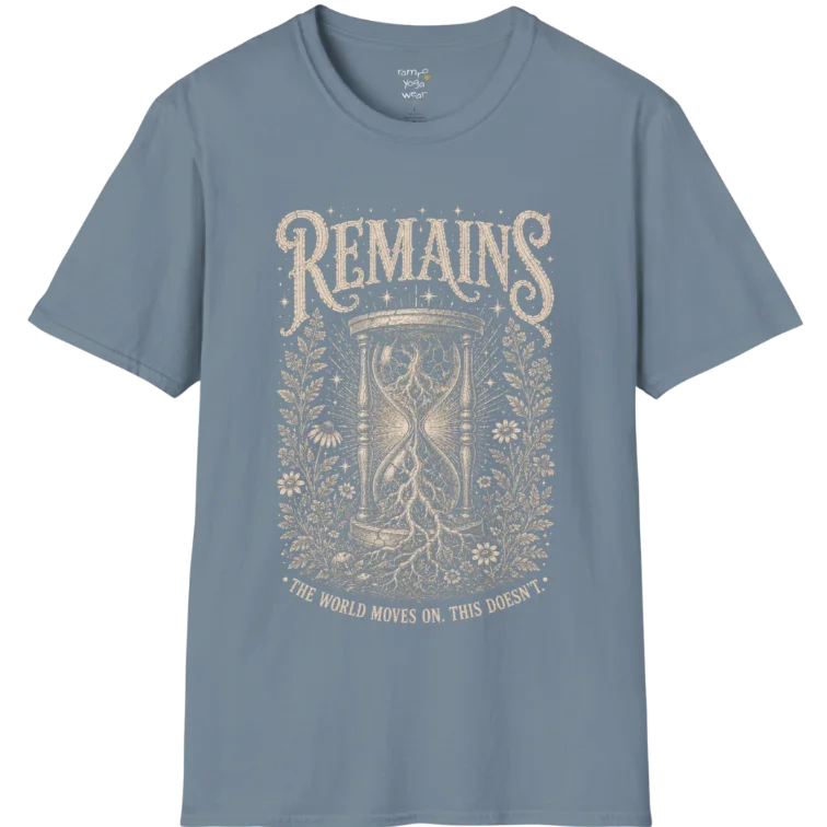 A short sleeved tee, design an hourglass with tree roots growing through it — Sacred Thread collection by Ramro Yoga Wear in Stone Blue