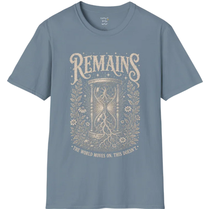 A short sleeved tee, design an hourglass with tree roots growing through it — Sacred Thread collection by Ramro Yoga Wear in Stone Blue