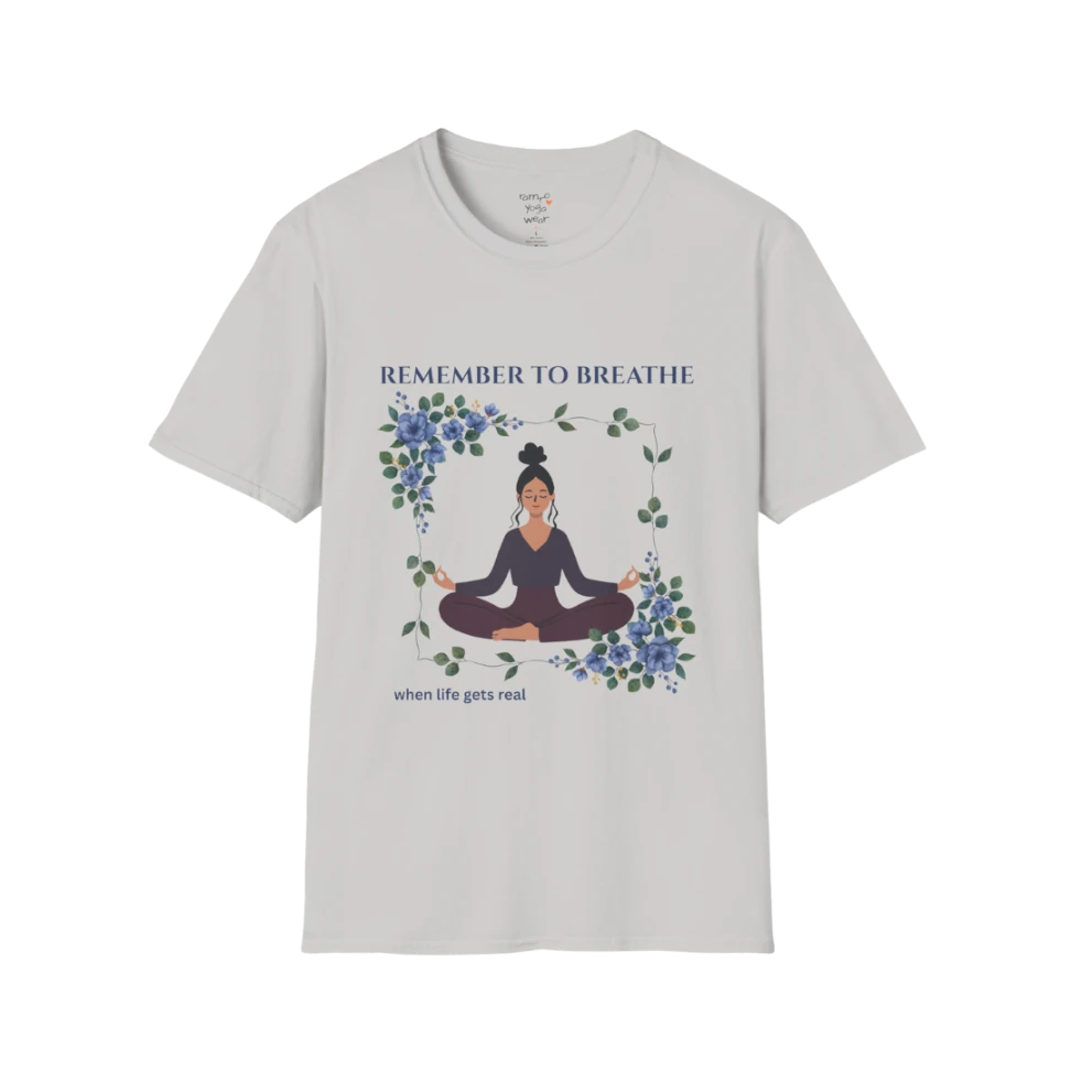 Remember To Breathe T-Shirt Ice Grey with meditating figure and floral design. Soft yoga tee with calm, mindful energy.
